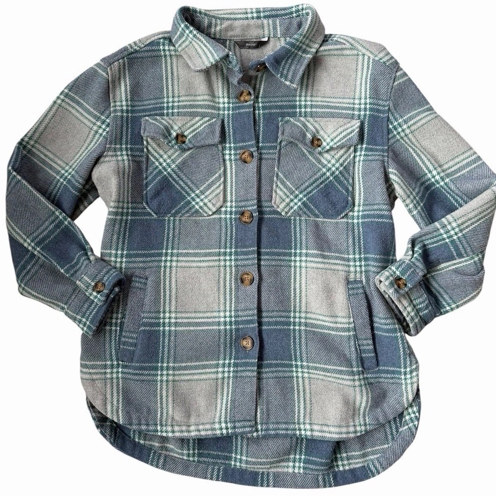 Women's Plaid Shacket Size L Green Blue Button Front Shirt Jacket